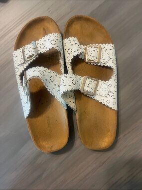 White Eyelet Buckle Slide Sandals